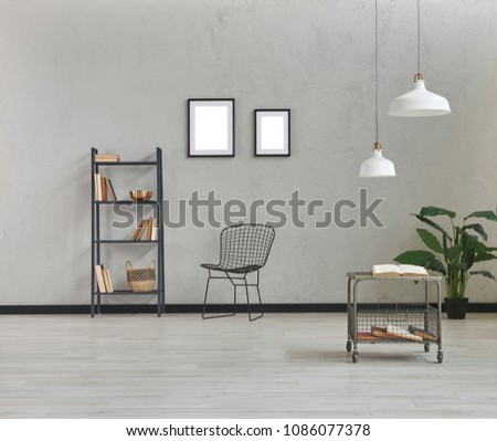 Grey room decoration with bookcase and frame concept. white lamp coffee table home object.