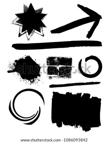 Hand drawn scribble symbols isolated on white background. Doodle style sketched Elements. Ink blots. Vector Grunge Brushes Stroke . Circle Frame. Logo Design . Crosses, arrows.