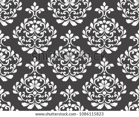 Abstract floral decorative backdrop damask style, seamless blue and white royal pattern, baroque background for design, porcelain, ceramic, tile, texture, wall, paper, fabric, vector illustration