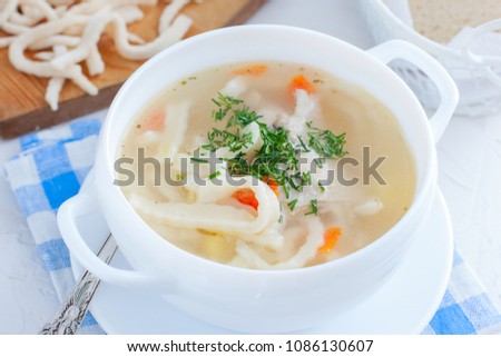 Chicken homemade noodle soup, horizontal