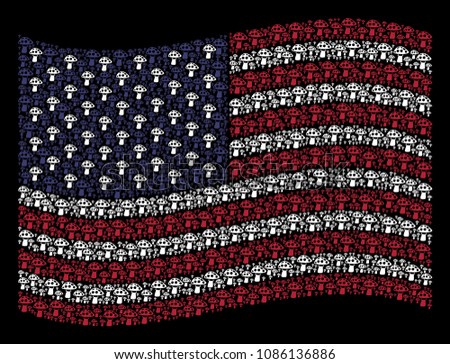 Mushroom icons are combined into waving USA flag abstraction on a dark background. Vector concept of America state flag is formed with mushroom items. Designed for political and patriotic projects.