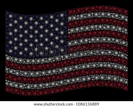 Atom pictograms are arranged into waving American flag stylization on a dark background. Vector concept of America state flag is created with atom elements.