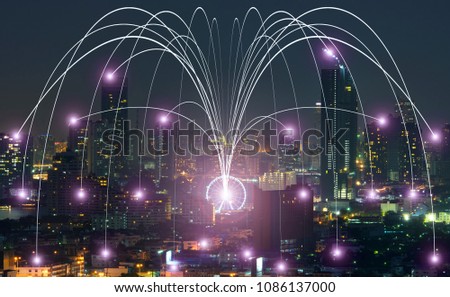 Business networking connection concept and Wi-Fi in city. Technology communication, The wireless communication , High Speed Internet , Optical fiber , Background blur building in the capital