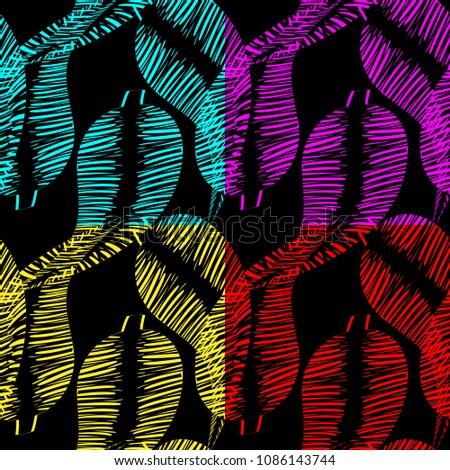 Vector set of patterns of yellow and red and blue and purple feathers and leaves on a black background. For fabric or paper.
