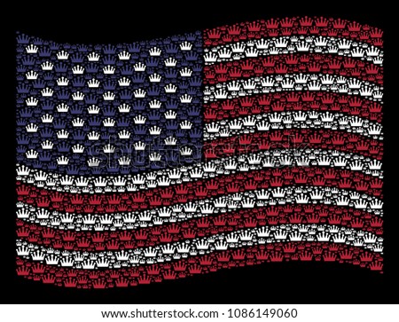 Crown symbols are composed into waving USA flag abstraction on a dark background. Vector concept of USA state flag is made from crown elements. Designed for political and patriotic promotion.