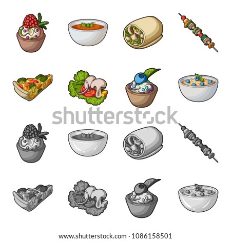 Piece of vegetarian pizza with tomatoes, lettuce leaves with mushrooms, blueberry cake, vegetarian soup with greens. Vegetarian dishes set collection icons in cartoon,monochrome style vector symbol