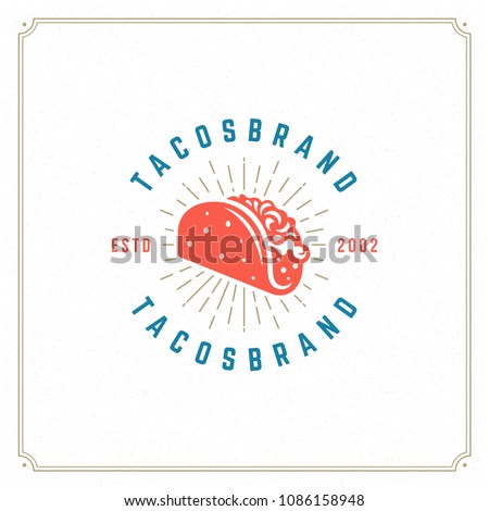 Tacos logo design vector illustration. Hot dog sausage silhouette, good for restaurant menu and cafe badge. Vintage typography logotype template. Royalty-Free Stock Photo #1086158948