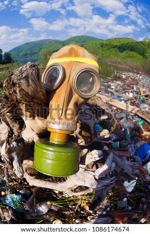 Pollution of household waste of clean mountain rivers in the Carpathians Ukraine is a huge problem for people. Special workers collect garbage, as a symbol of saving the planet Earth