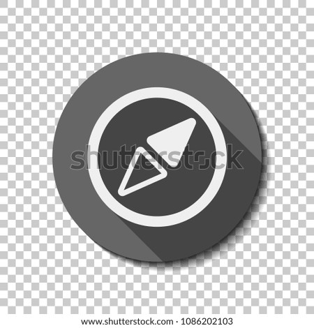 Simple compass icon. White flat icon with long shadow in circle on transparent background. Badge or sticker style