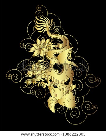 Gold Japanese Dragon and koi carp with lotus flower on cloud background.colorful Chinese tattoo design.