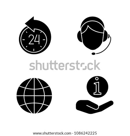 Information center glyph icons set. Silhouette symbols. Reschedule, globe, helpdesk, call center operator. Vector isolated illustration