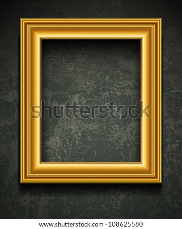 Gold photo or picture frame vector. Ornate painting vintage border on wall background