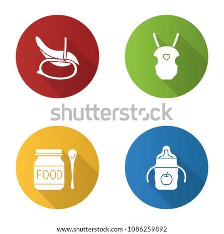 Childcare flat design long shadow glyph icons set. Rocking chair, baby carrier, food, sippy cup. Vector silhouette illustration