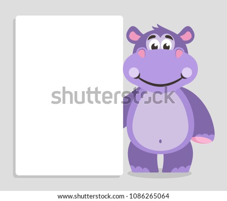 Violet hippo with white board on a grey background. Template for your text. Cartoon character with white banner. Place your text on blank sheet. Vector illustration.