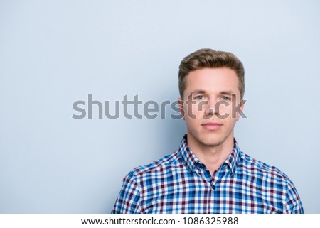 Close up portrait of serious focused handsome leader attractive concentrated confident clever thoughtful freelancer wearing casual outfit isolated on gray background copyspace empty blank place
