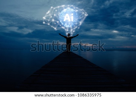 Abstract science, circle global artificial intelligence network connection in hands on night sky background / AI(Artificial Intelligence) concept / Blue tone concept Royalty-Free Stock Photo #1086335975