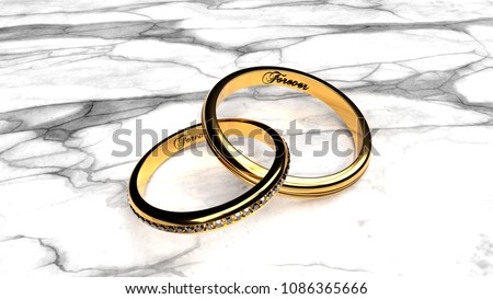 Love eternally, forever together, wedding rings with engraved word 'forever' on a white marble table, symbolize love and staying forever together, close up