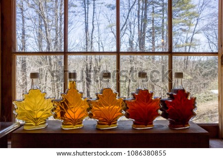 Various Grades Of Delicious Vermont Maple Syrup Lined Up On A Windowsill Royalty-Free Stock Photo #1086380855
