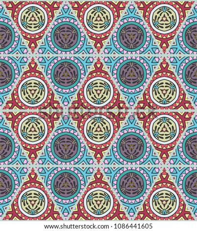 Colorful seamless triangle patchwork pattern. Abstract hand drawn art, stylized floral doodle ornament. Tribal ethnic arabic, indian decor. Vector collage quilt pattern. Textile fabric paper print