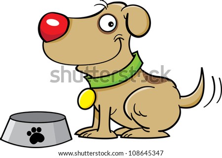 Cartoon illustration of a dog with a dog dish