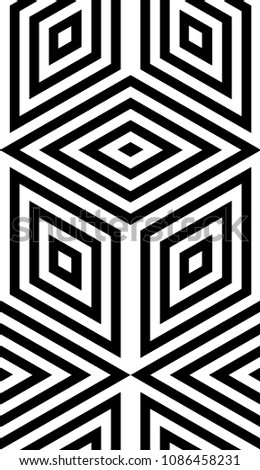 Abstract vector seamless moire pattern with cubic lattice lines. Monochrome graphic black and white ornament