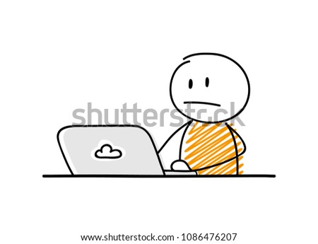 Funny businessman - cartoon stickman working on his laptop. Confused facial expression. Vector.