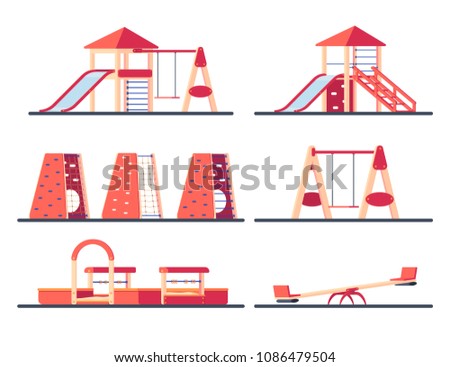 Set of children plaground constructor. Children play complex with swing, slide and climbing wall. Kids playground equipment. Outdoor kids park element.