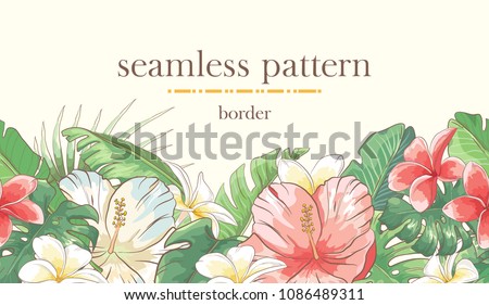 Seamless border pattern with sketch colorful blossoms. Seamless stripe with hand drawn hibiscus flowers and palm leaves. Vector illustration