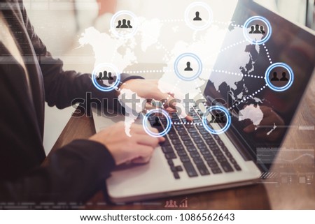 Business person working on computer against technology background, Woman uses laptop, internet conceptual, globalization channel communication.