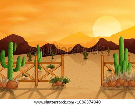 Desert landscape background with cactuses, hills, stones, fences and mountains at sunset