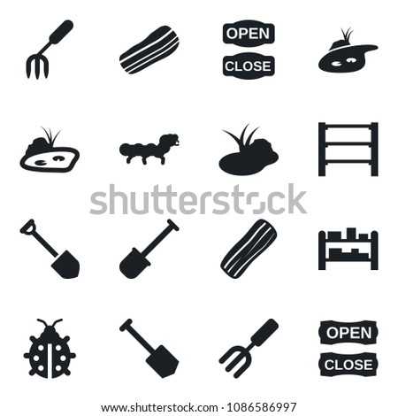 Set of vector isolated black icon - job vector, garden fork, shovel, lady bug, caterpillar, pond, rack, bacon, open close