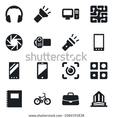 Set of vector isolated black icon - case vector, bike, video camera, cell phone, headphones, mobile, torch, eye id, application, copybook, chip, pc, office building