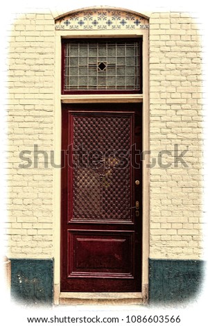 Entrance door into a building of traditional architecture in Amsterdam, Netherlands. Dutch front door with glazed tiles in a white brick facade. Vintage style toned picture