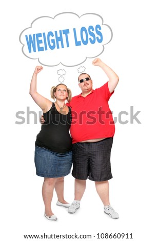 Happy overweight couple. Weight loss concept. Picture with space for your text.
