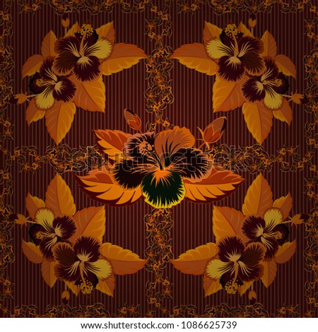 Beautiful vector texture. Seamless pattern with cute hibiscus flowers in orange, yellow and brown colors. Spring vintage floral background.