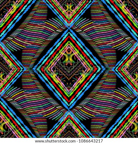 Striped tribal embroidery vector seamless pattern. Geometric abstract tapestry ethnic background. Grunge stripes, lines, rhombus frames, embroidered tribe floral ornaments. 