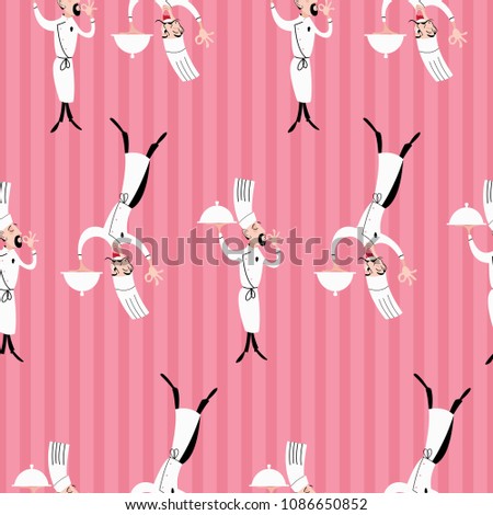Seamless pattern on pink background. Funny chef with a dish in hand. Vector clip art in cartoon style.