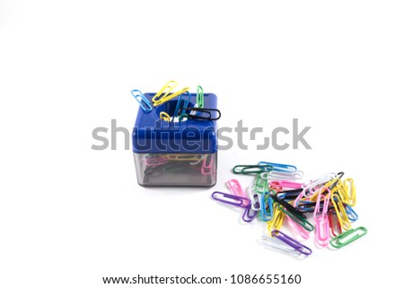 Magnetic box  for put paper clips and Paper Clips colorful on white background isolated
