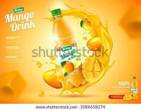 Mango bottled juice with fresh fruits and splashing liquid in 3d illustration Royalty-Free Stock Photo #1086658274