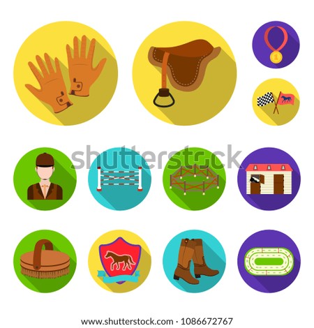 Hippodrome and horse flat icons in set collection for design. Horse Racing and Equipment vector symbol stock web illustration.
