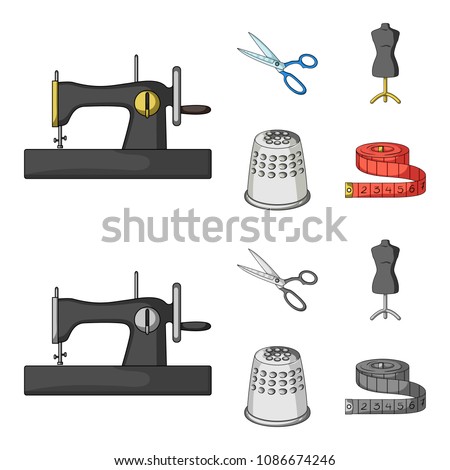 Manual sewing machine, scissors, mannequin, thimble.Sewing or tailoring tools set collection icons in cartoon, monochrome style vector symbol stock illustration web.