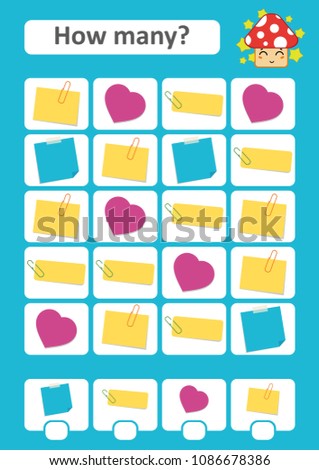 Counting game for preschool children. The study of mathematics. How many items in the picture. Sticky notes. With a place for answers. Simple flat isolated vector illustration