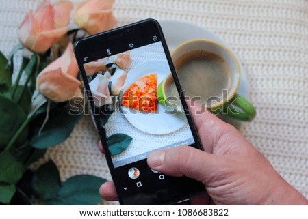 Male Hand Photographing Food For Breakfast By Smartphone.
