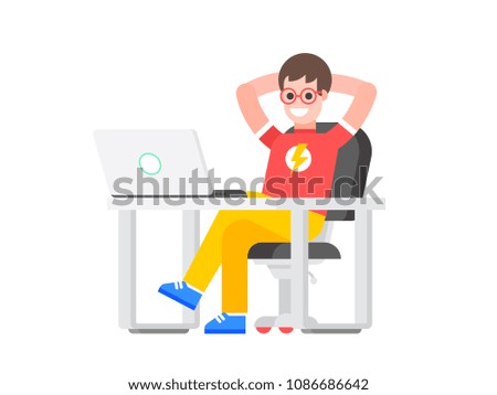Concept of start-up and small business. Positive young man is sitting at desk with computer and is studying new idea for startup. Vector illustration
