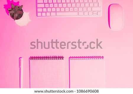 pink toned picture of empty textbooks, pen, plant, computer keyboard and mouse on table 