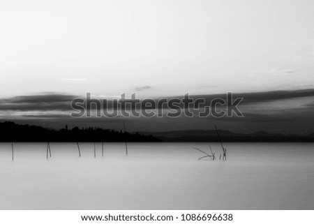 Long exposure view of Trasimeno lake (Umbria, Italy) at sunset, with poles and fishing nets on perfectly still water and an island in the background