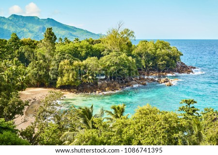 Overlook of North Seychelles near vista do mar, Mahe island, seychelles Royalty-Free Stock Photo #1086741395