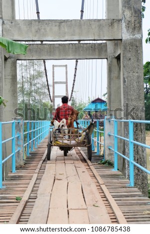 man on a motorcycle, with dog on a sidecar,on the suspension bridge