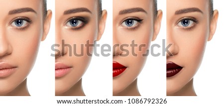 Set or collage different types of makeup on one woman face close-up. variations of trendy make-up, for a modern young woman