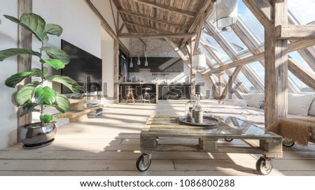Loft interior. Interior design in loft style. Garret design. Wooden beams in interior Royalty-Free Stock Photo #1086800288